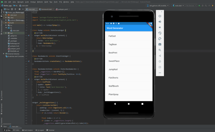Android Studio and the virtual Android device with the Flutter example app