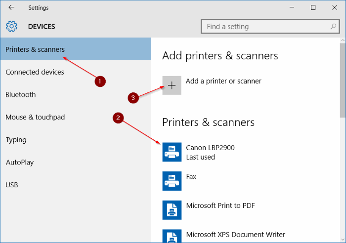 Printers scanners Windos 10